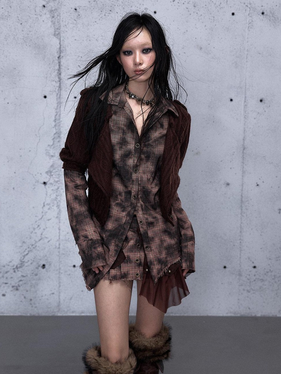 NO ROMANCE Shape Retaining Uv Punk Fitted Asymmetric Layered Plaid Collared Blouses
