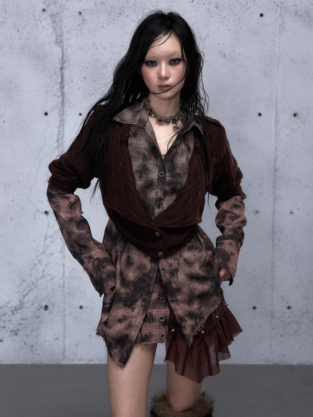 NO ROMANCE Shape Retaining Uv Punk Fitted Asymmetric Layered Plaid Collared Blouses