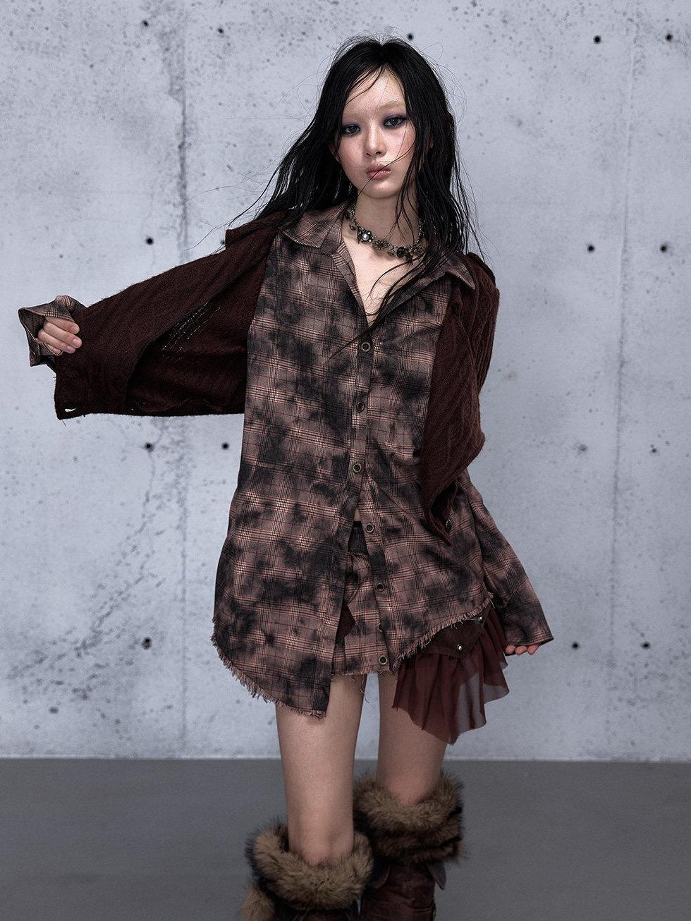 NO ROMANCE Shape Retaining Uv Punk Fitted Asymmetric Layered Plaid Collared Blouses