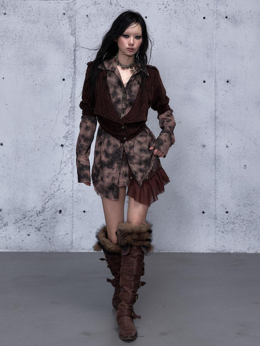 NO ROMANCE Shape Retaining Uv Punk Fitted Asymmetric Layered Plaid Collared Blouses