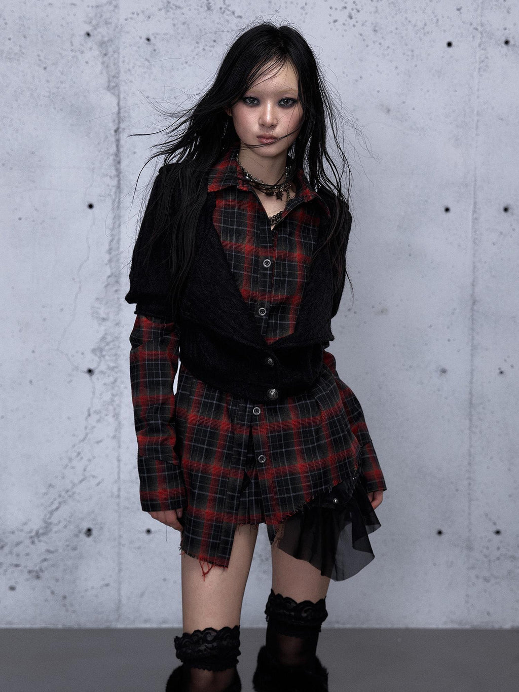 NO ROMANCE Shape Retaining Uv Punk Fitted Asymmetric Layered Plaid Collared Blouses