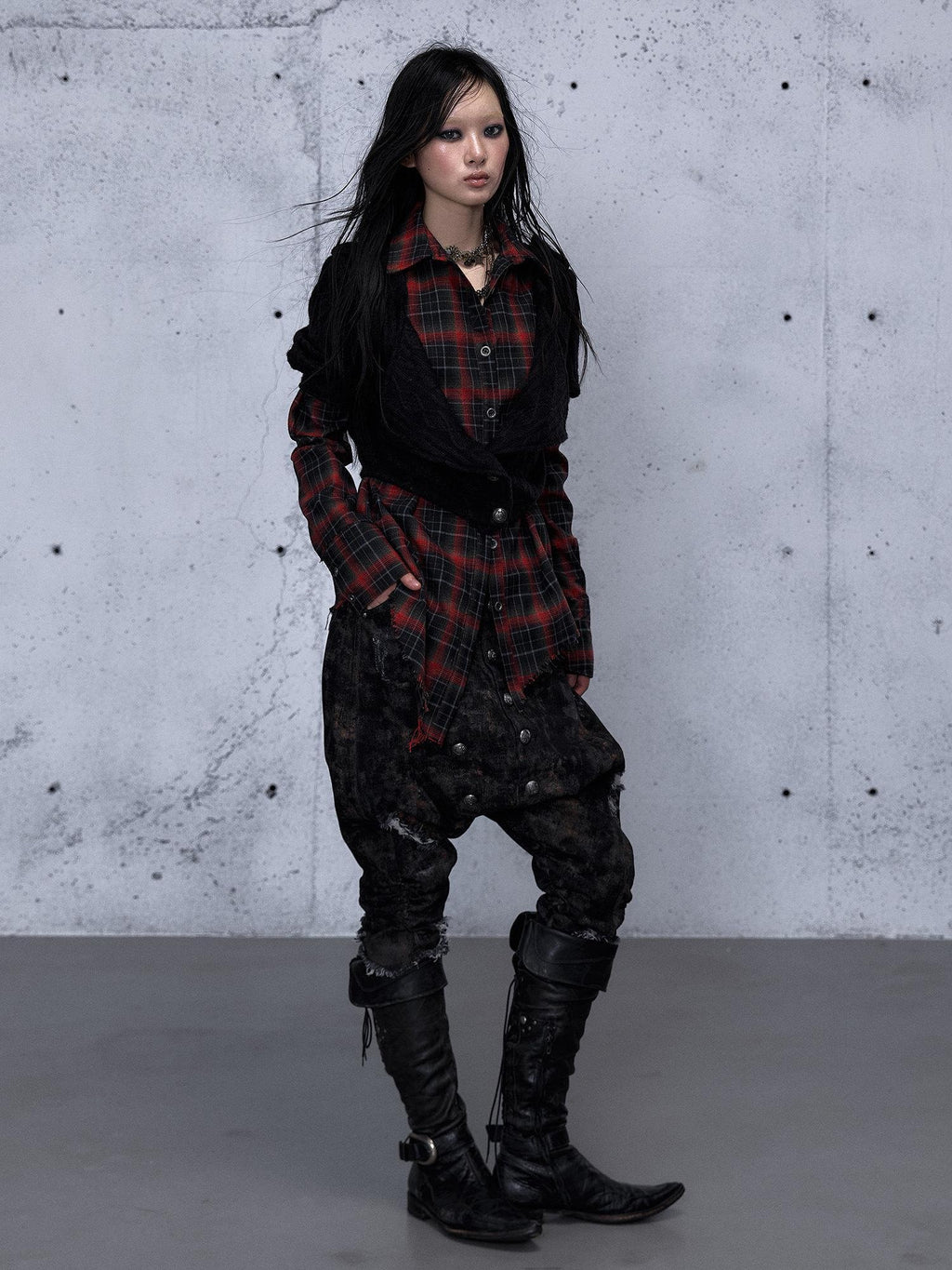 NO ROMANCE Shape Retaining Uv Punk Fitted Asymmetric Layered Plaid Collared Blouses