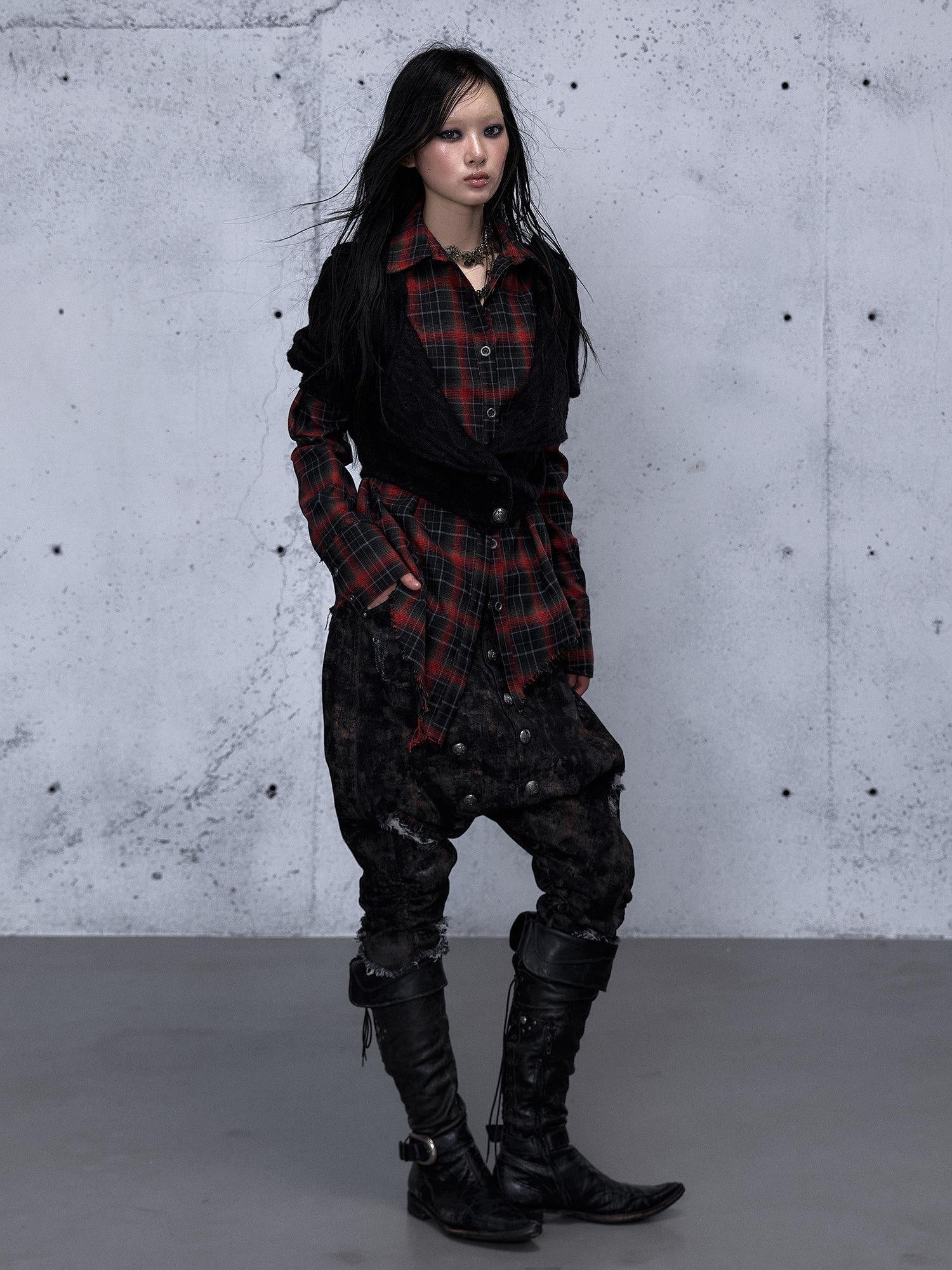NO ROMANCE Shape Retaining Uv Punk Fitted Asymmetric Layered Plaid Collared Blouses