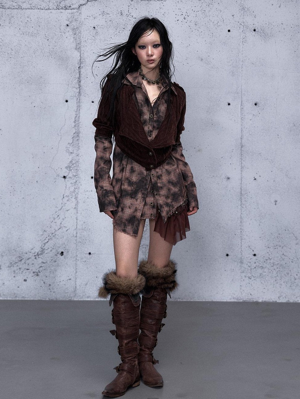 NO ROMANCE Shape Retaining Uv Punk Fitted Asymmetric Layered Plaid Collared Blouses