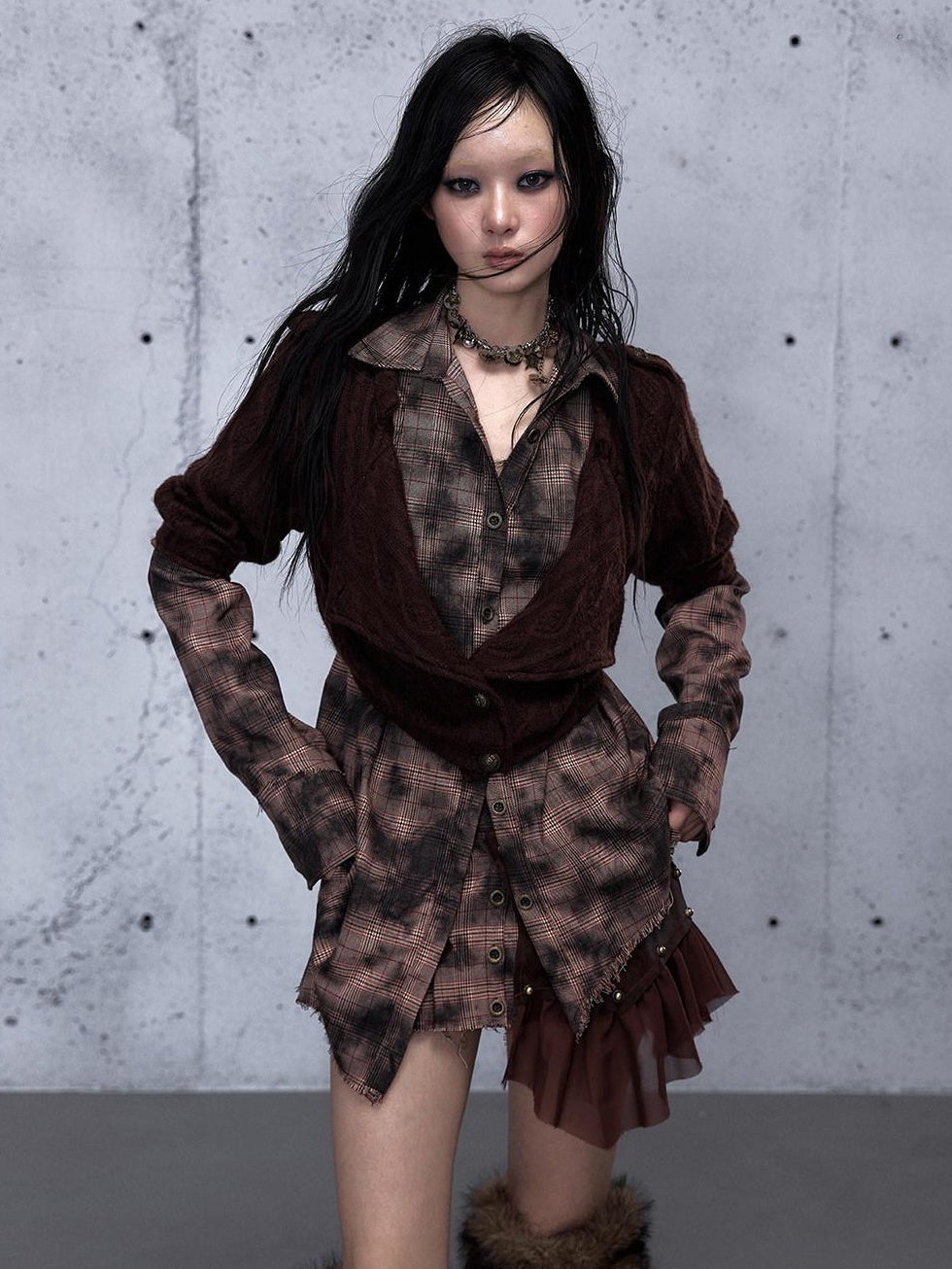 NO ROMANCE Shape Retaining Uv Punk Fitted Asymmetric Layered Plaid Collared Blouses