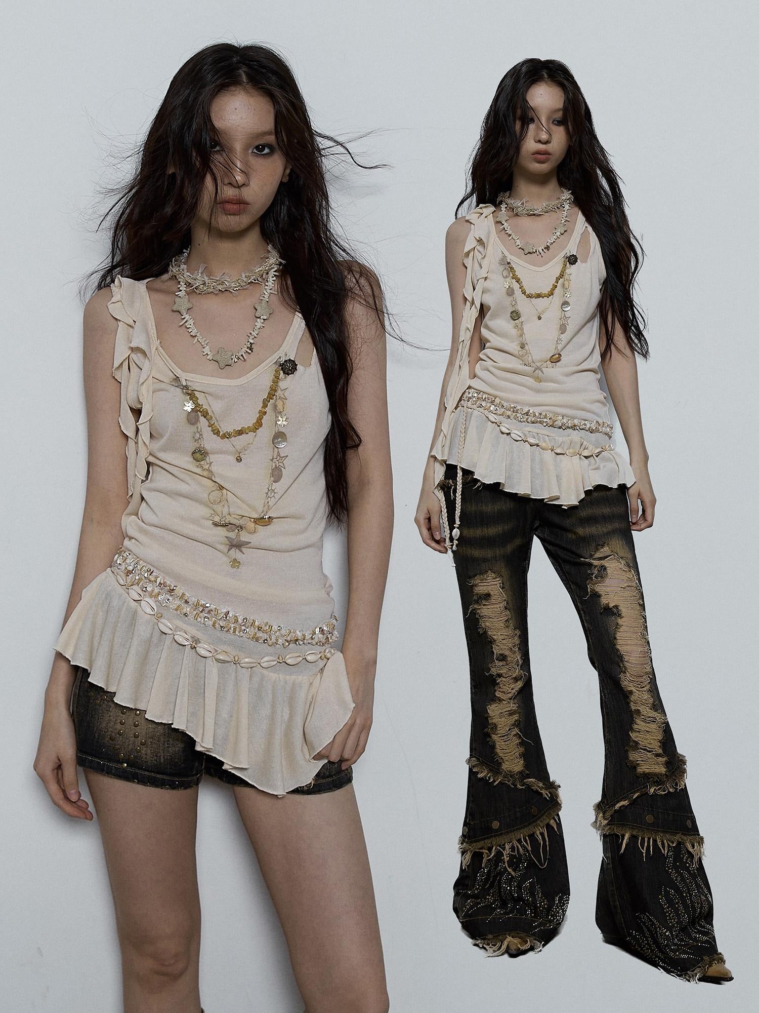 NO ROMANCE Shimmer Sequin Ruffle Slim Fit Original Design Button Detail Viscose Camisoles