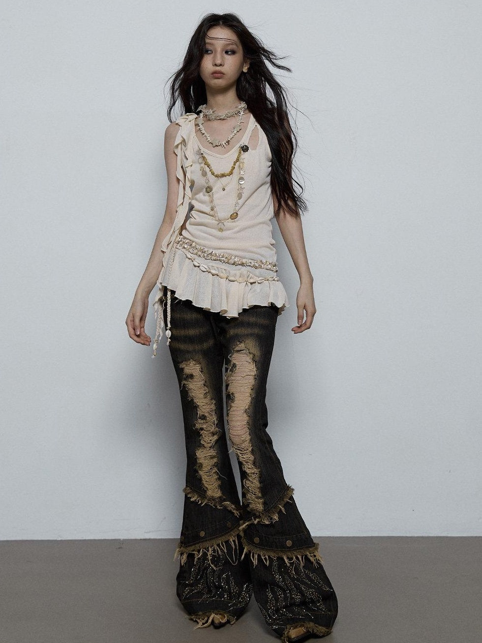 NO ROMANCE Shimmer Sequin Ruffle Slim Fit Original Design Button Detail Viscose Camisoles
