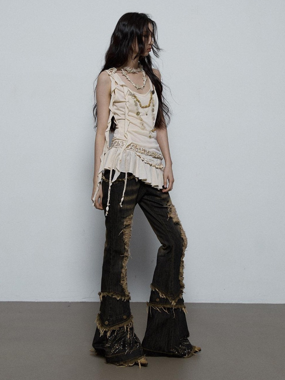 NO ROMANCE Shimmer Sequin Ruffle Slim Fit Original Design Button Detail Viscose Camisoles