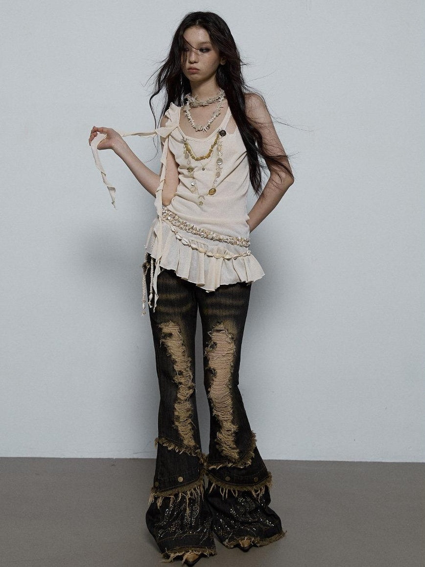 NO ROMANCE Shimmer Sequin Ruffle Slim Fit Original Design Button Detail Viscose Camisoles