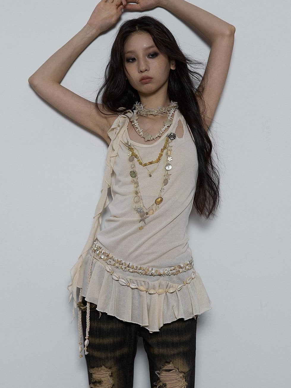 NO ROMANCE Shimmer Sequin Ruffle Slim Fit Original Design Button Detail Viscose Camisoles