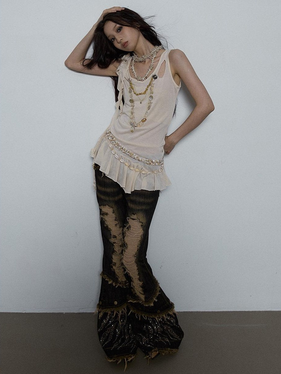 NO ROMANCE Shimmer Sequin Ruffle Slim Fit Original Design Button Detail Viscose Camisoles