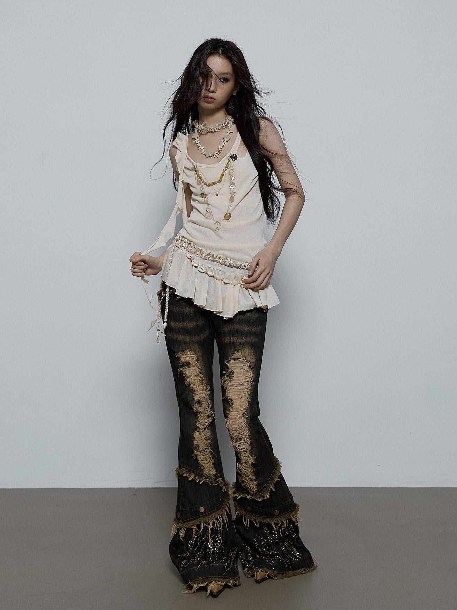 NO ROMANCE Shimmer Sequin Ruffle Slim Fit Original Design Button Detail Viscose Camisoles