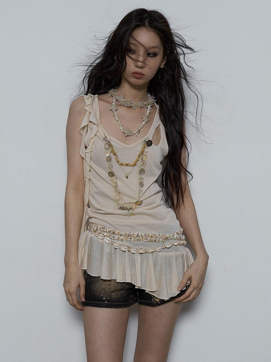 NO ROMANCE Shimmer Sequin Ruffle Slim Fit Original Design Button Detail Viscose Camisoles