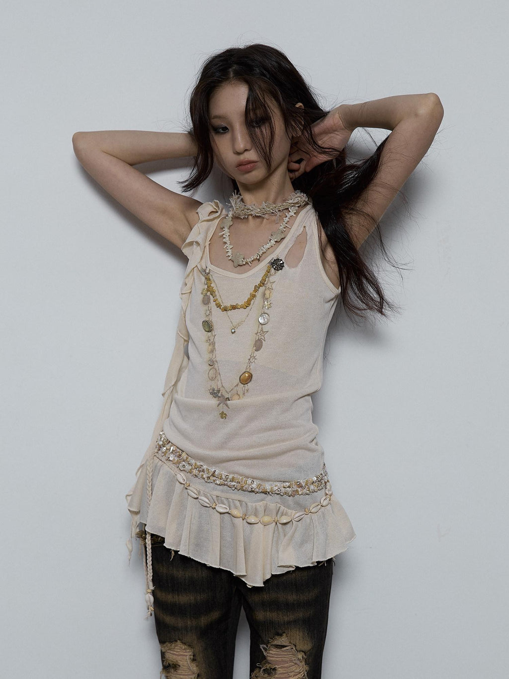NO ROMANCE Shimmer Sequin Ruffle Slim Fit Original Design Button Detail Viscose Camisoles