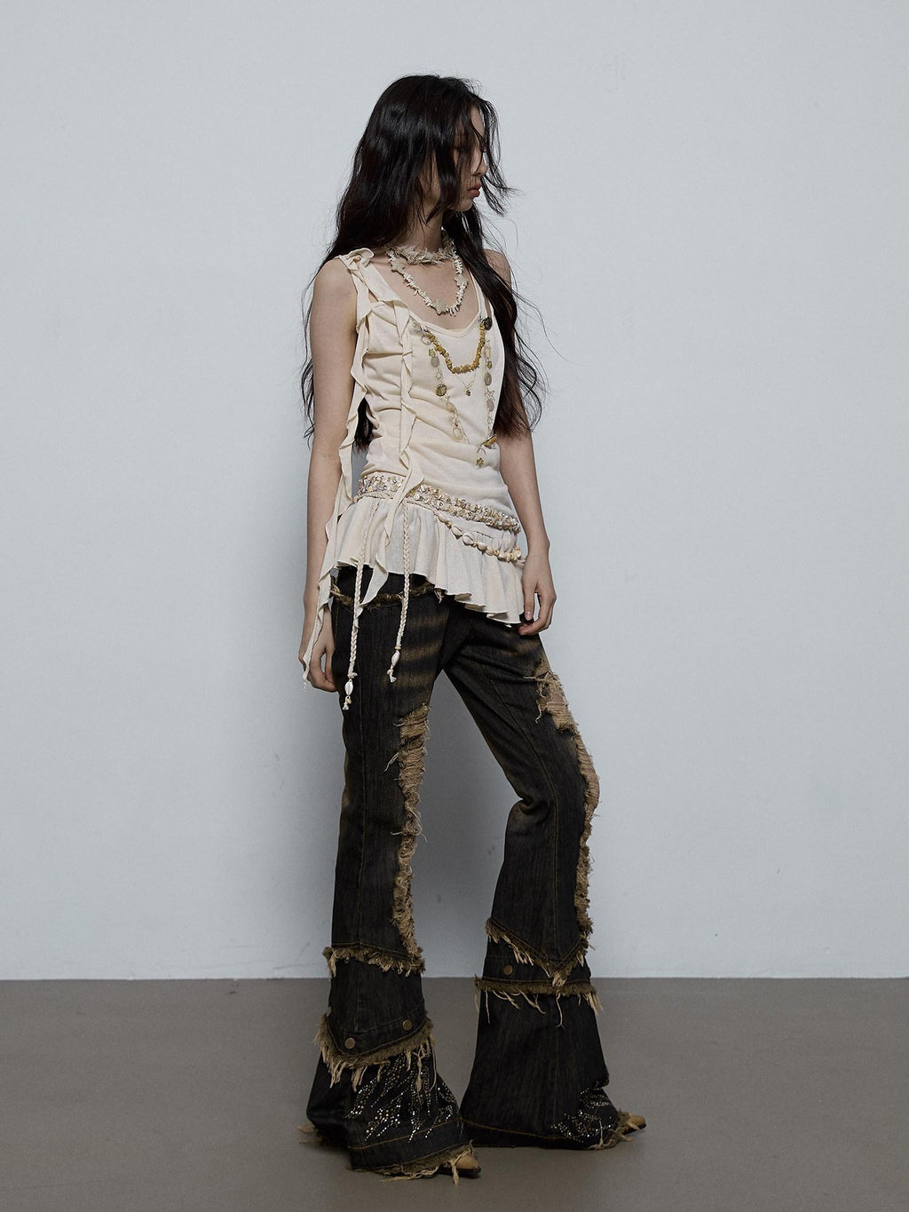 NO ROMANCE Shimmer Sequin Ruffle Slim Fit Original Design Button Detail Viscose Camisoles