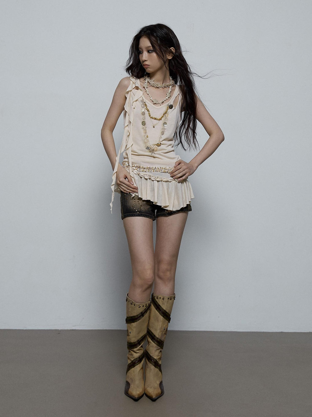 NO ROMANCE Shimmer Sequin Ruffle Slim Fit Original Design Button Detail Viscose Camisoles