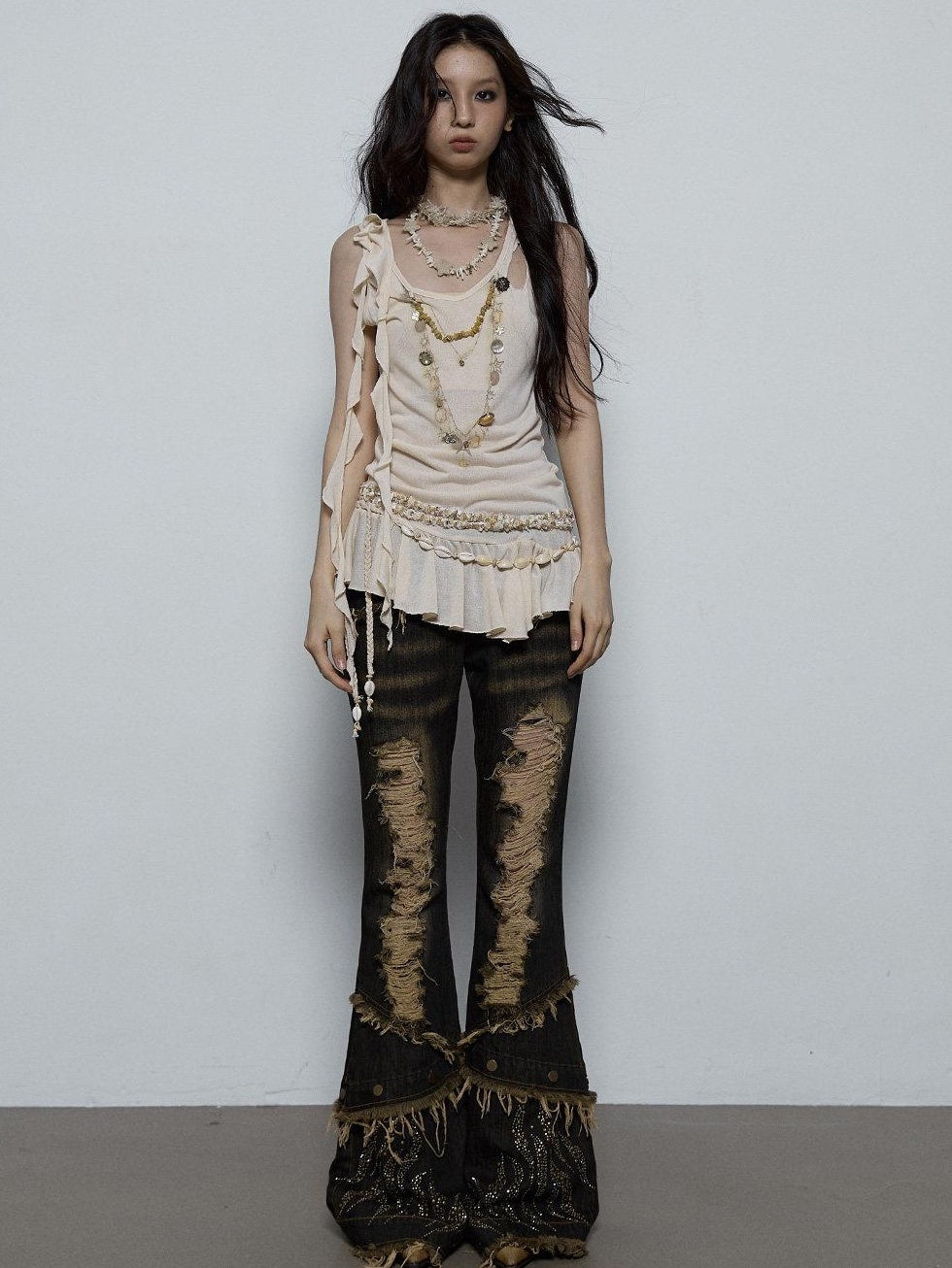NO ROMANCE Shimmer Sequin Ruffle Slim Fit Original Design Button Detail Viscose Camisoles