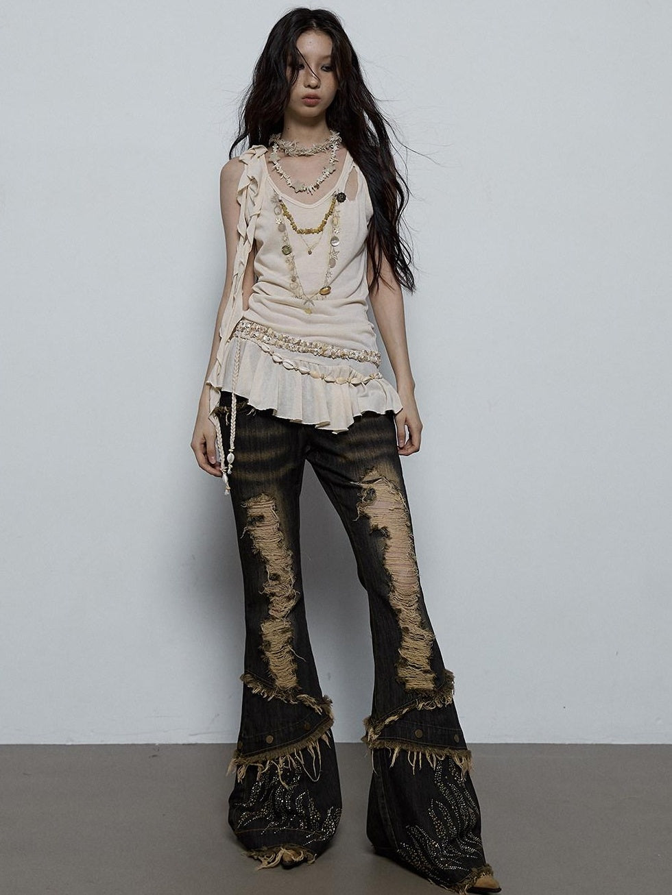 NO ROMANCE Shimmer Sequin Ruffle Slim Fit Original Design Button Detail Viscose Camisoles