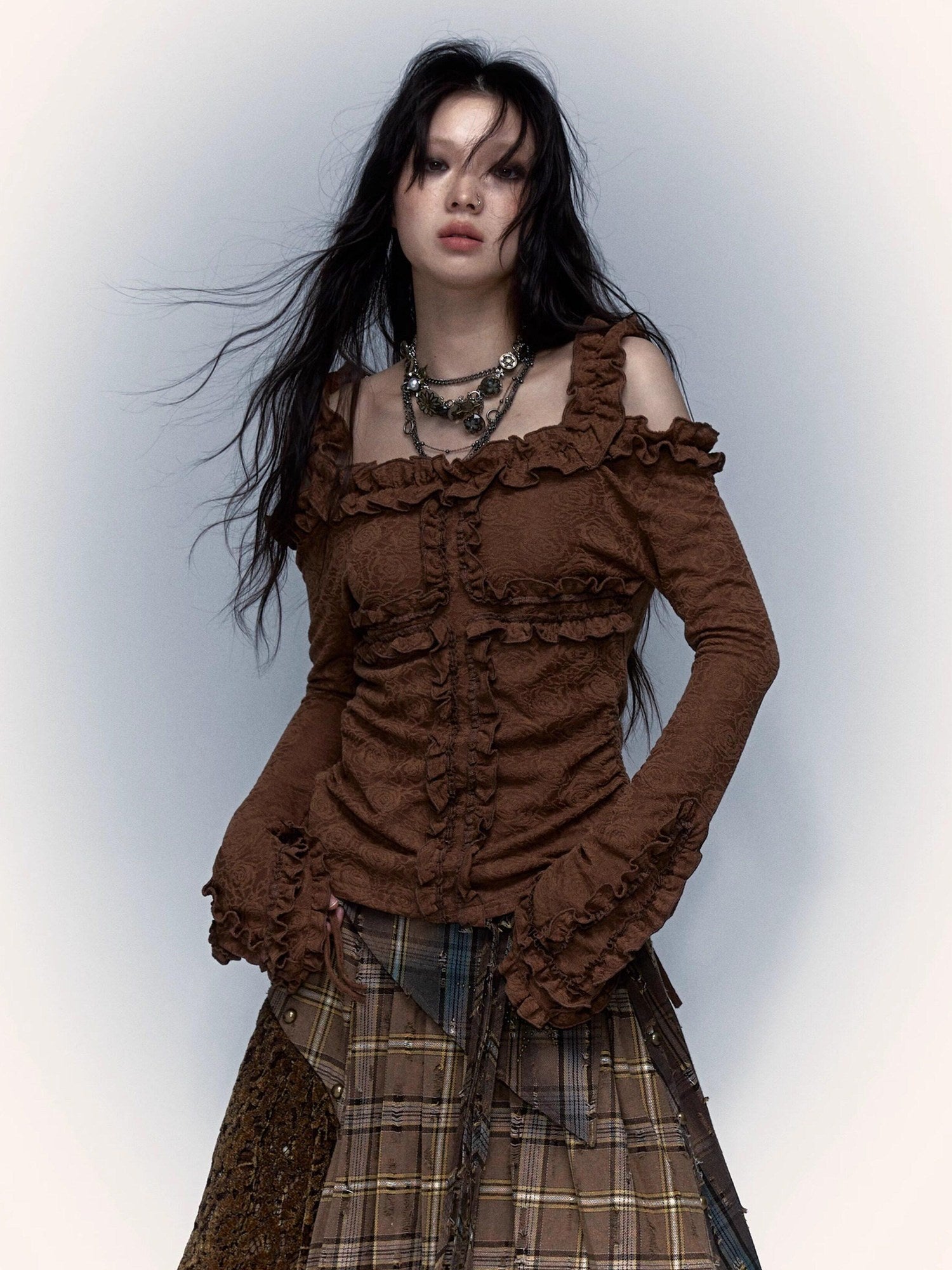 NO ROMANCE Skin Friendly Lace Trim Sweet Off Shoulder Regular Fit Long Sleeve T-Shirts