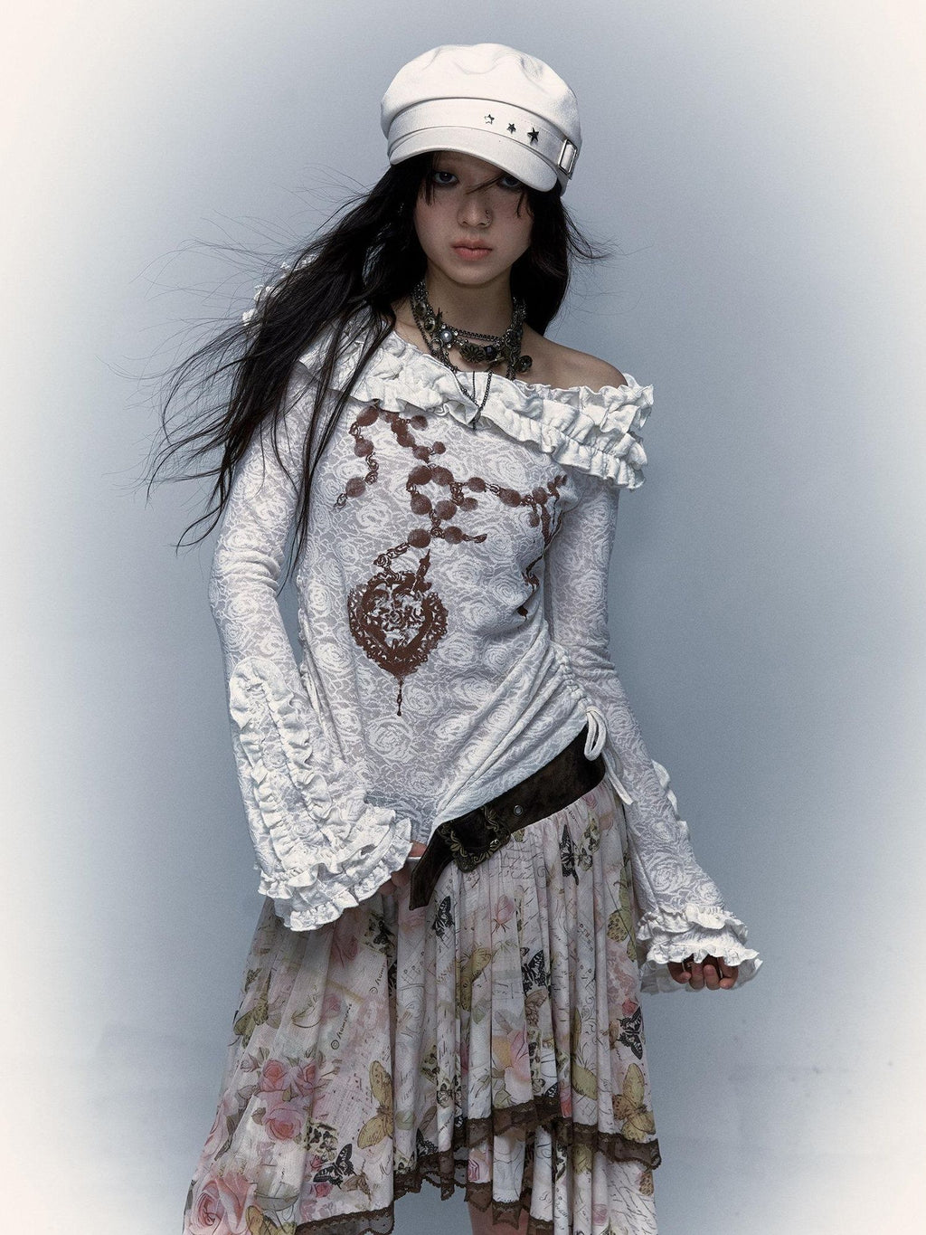 NO ROMANCE Skin Friendly Lace Trim Sweet Off Shoulder Regular Fit Long Sleeve T-Shirts