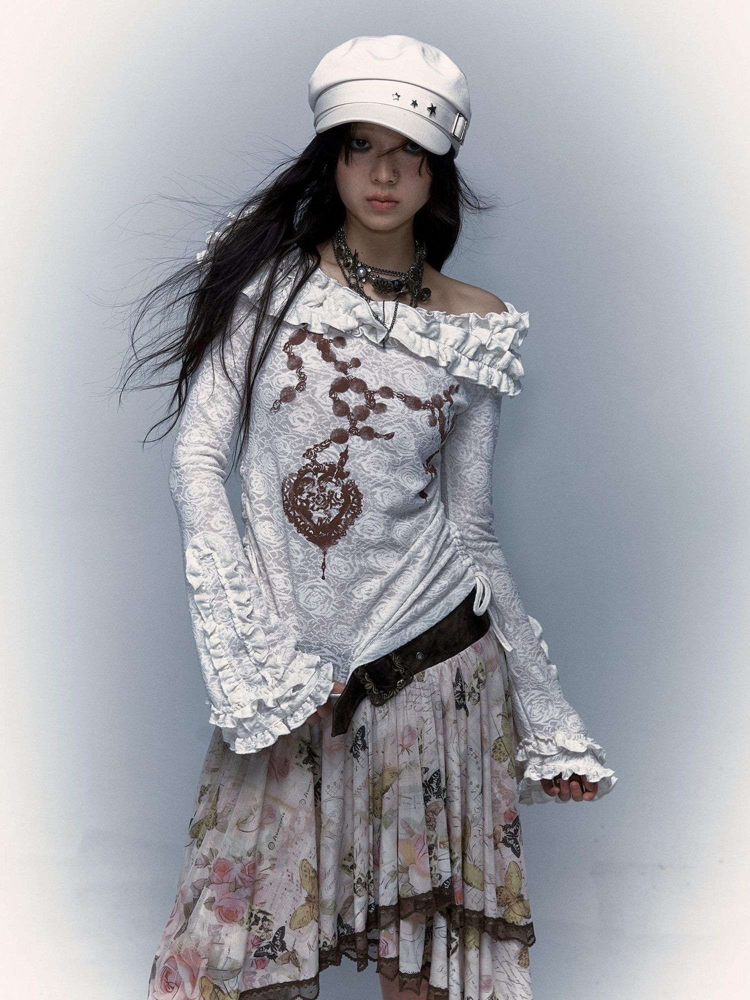 NO ROMANCE Skin Friendly Lace Trim Sweet Off Shoulder Regular Fit Long Sleeve T-Shirts