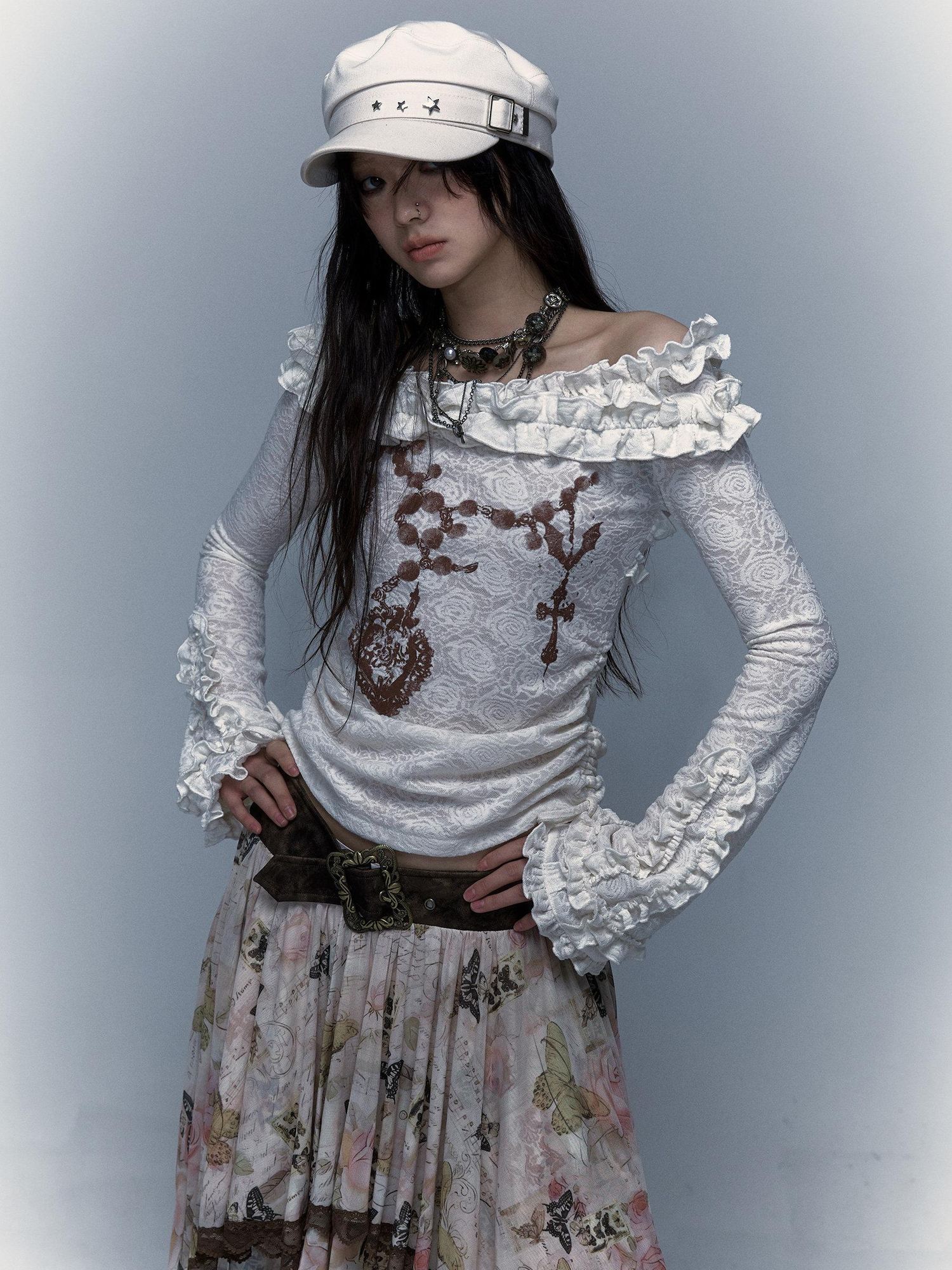 NO ROMANCE Skin Friendly Lace Trim Sweet Off Shoulder Regular Fit Long Sleeve T-Shirts