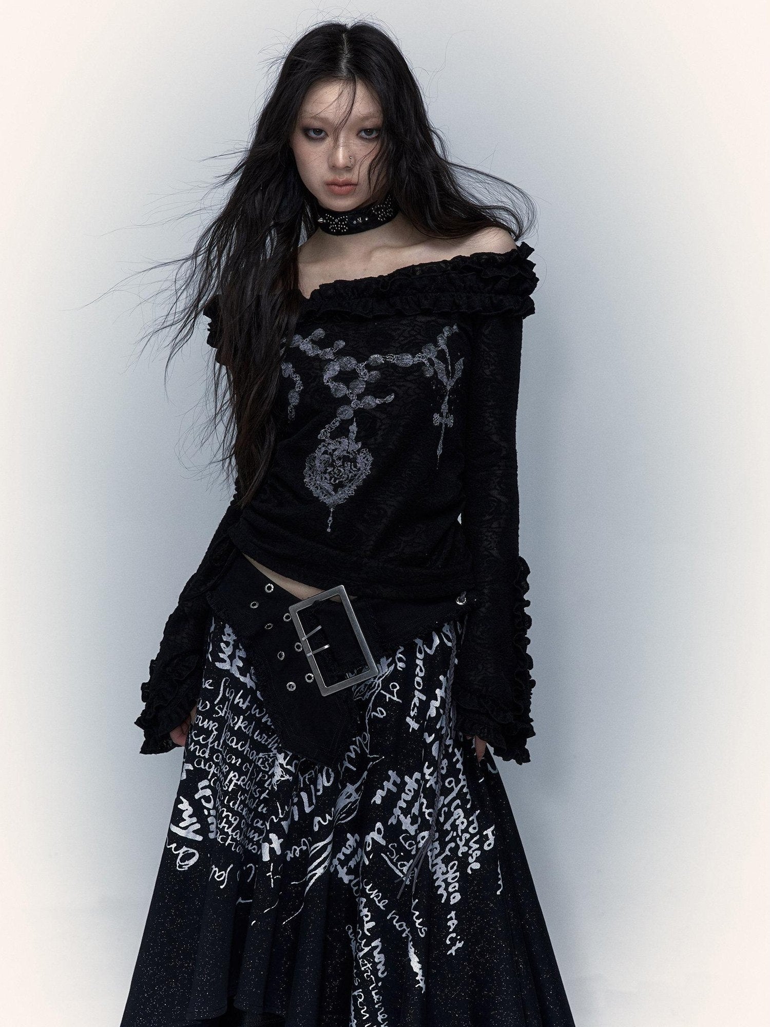 NO ROMANCE Skin Friendly Lace Trim Sweet Off Shoulder Regular Fit Long Sleeve T-Shirts