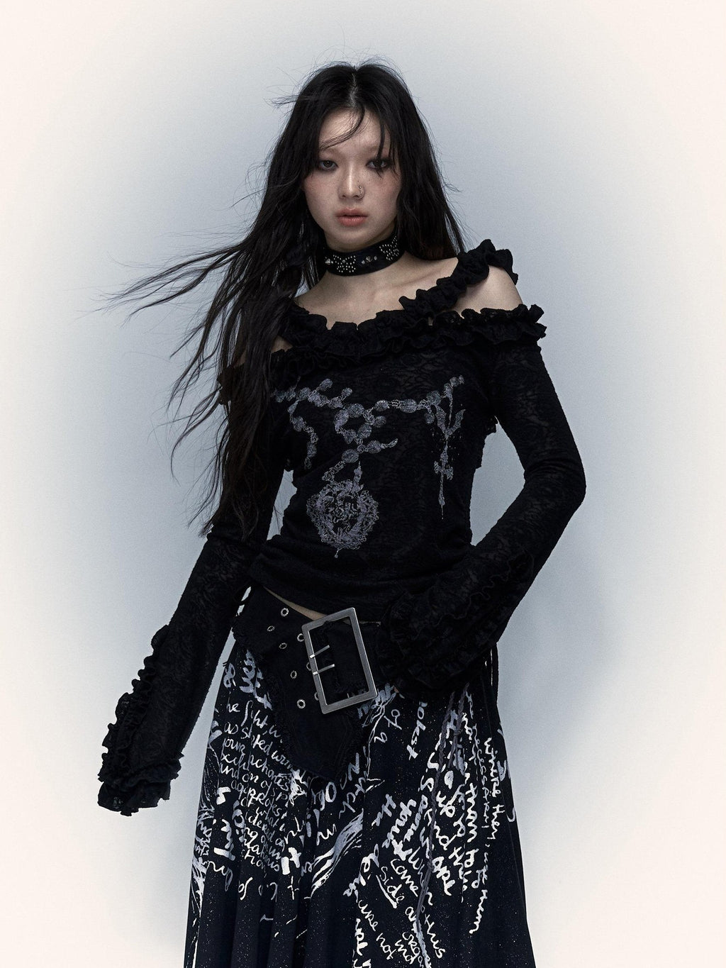 NO ROMANCE Skin Friendly Lace Trim Sweet Off Shoulder Regular Fit Long Sleeve T-Shirts