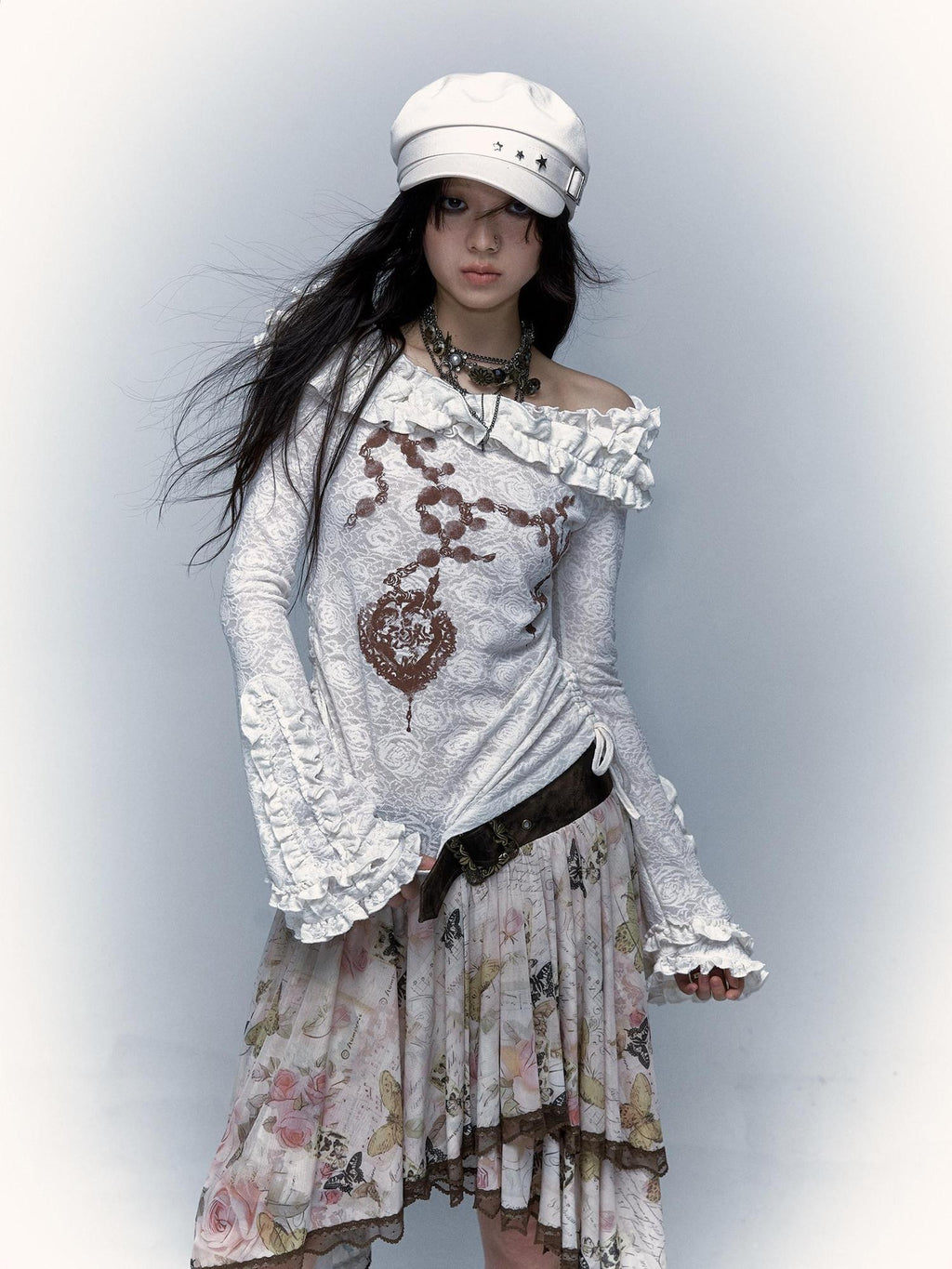 NO ROMANCE Skin Friendly Lace Trim Sweet Off Shoulder Regular Fit Long Sleeve T-Shirts