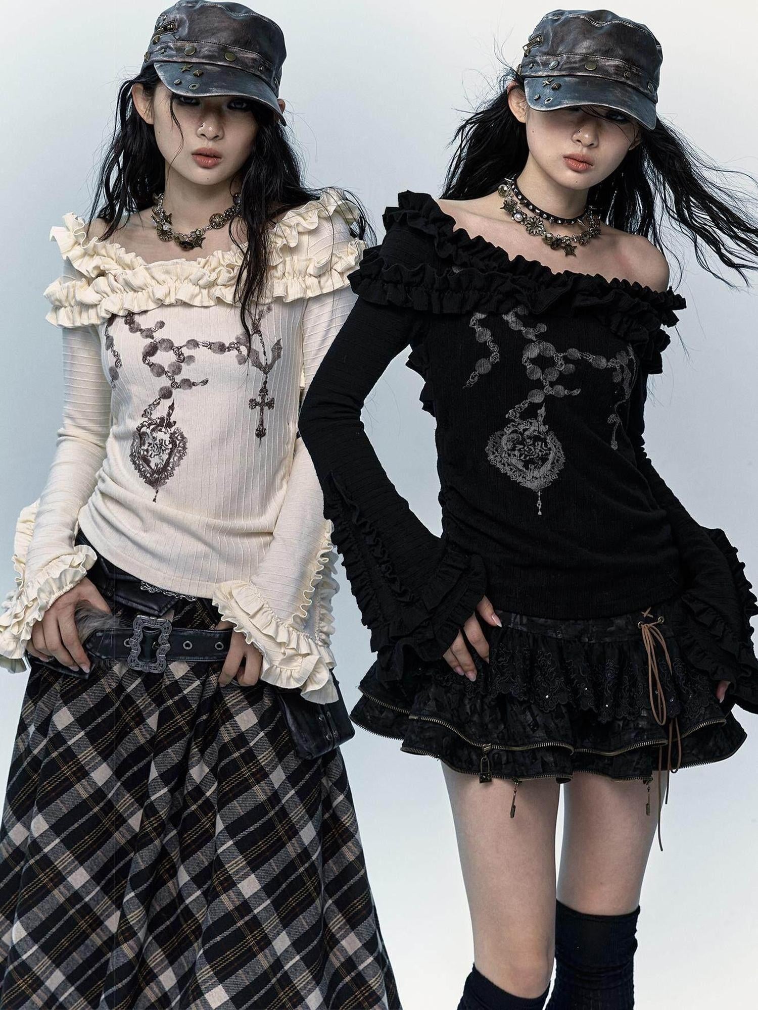 NO ROMANCE Skin Friendly Lace Trim Sweet Off Shoulder Regular Fit Long Sleeve T-Shirts