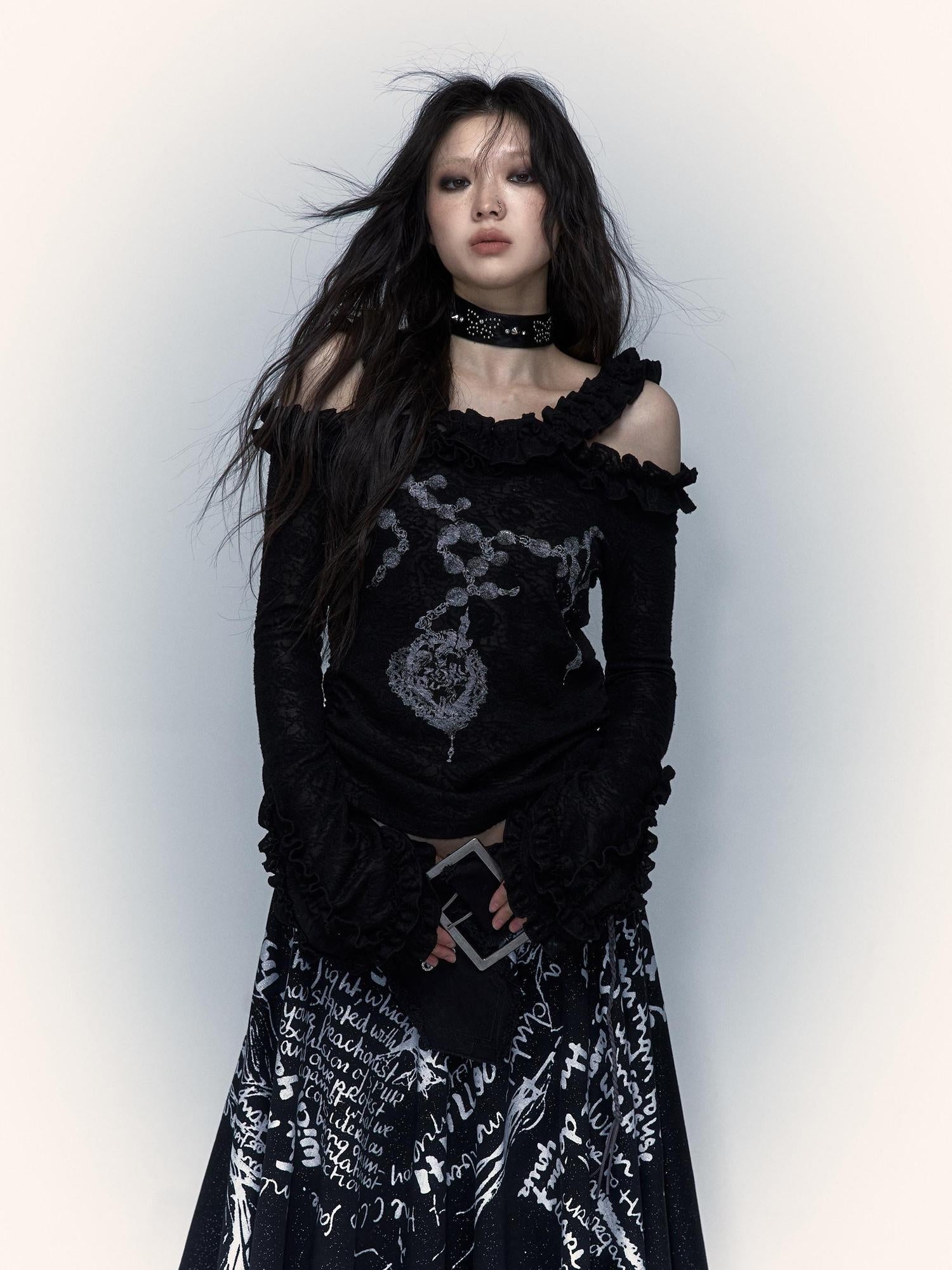 NO ROMANCE Skin Friendly Lace Trim Sweet Off Shoulder Regular Fit Long Sleeve T-Shirts