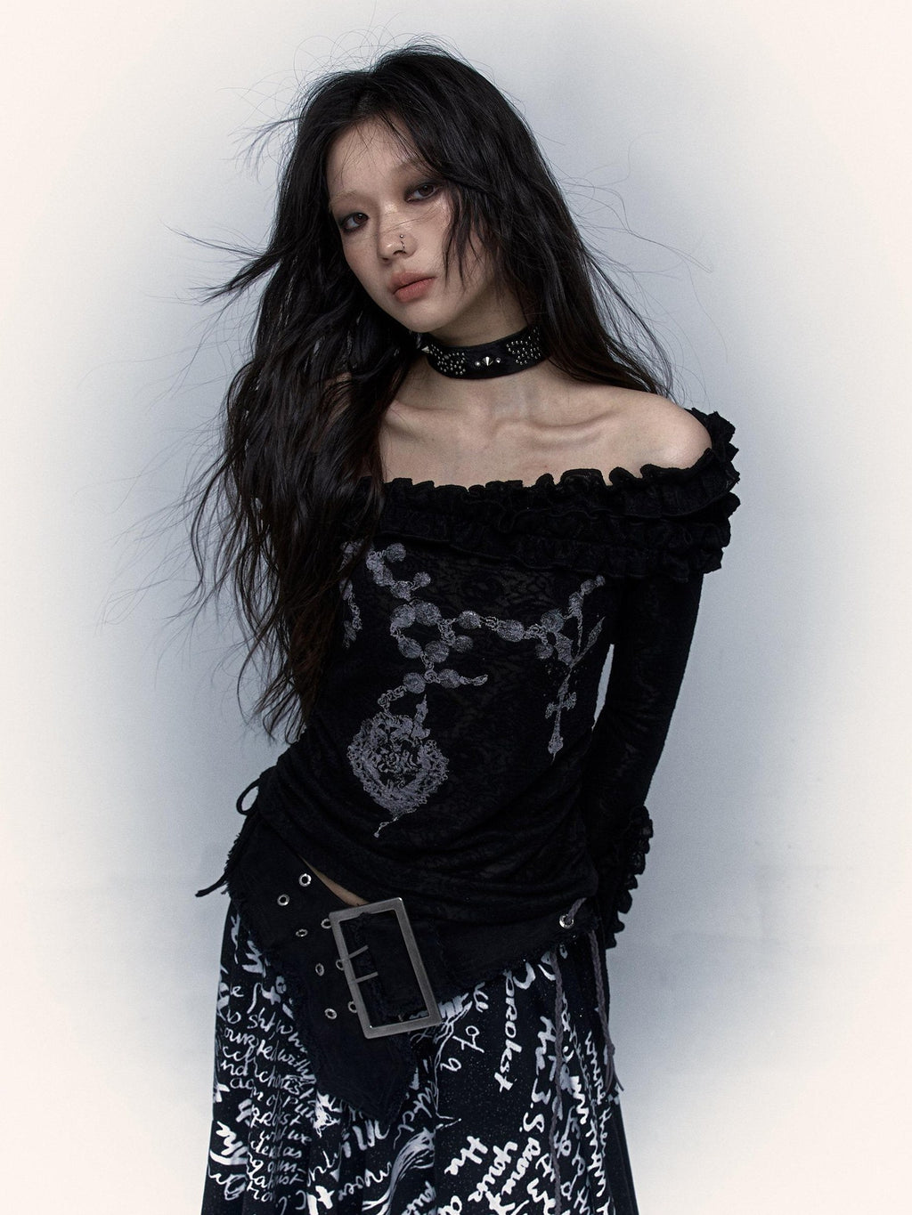 NO ROMANCE Skin Friendly Lace Trim Sweet Off Shoulder Regular Fit Long Sleeve T-Shirts