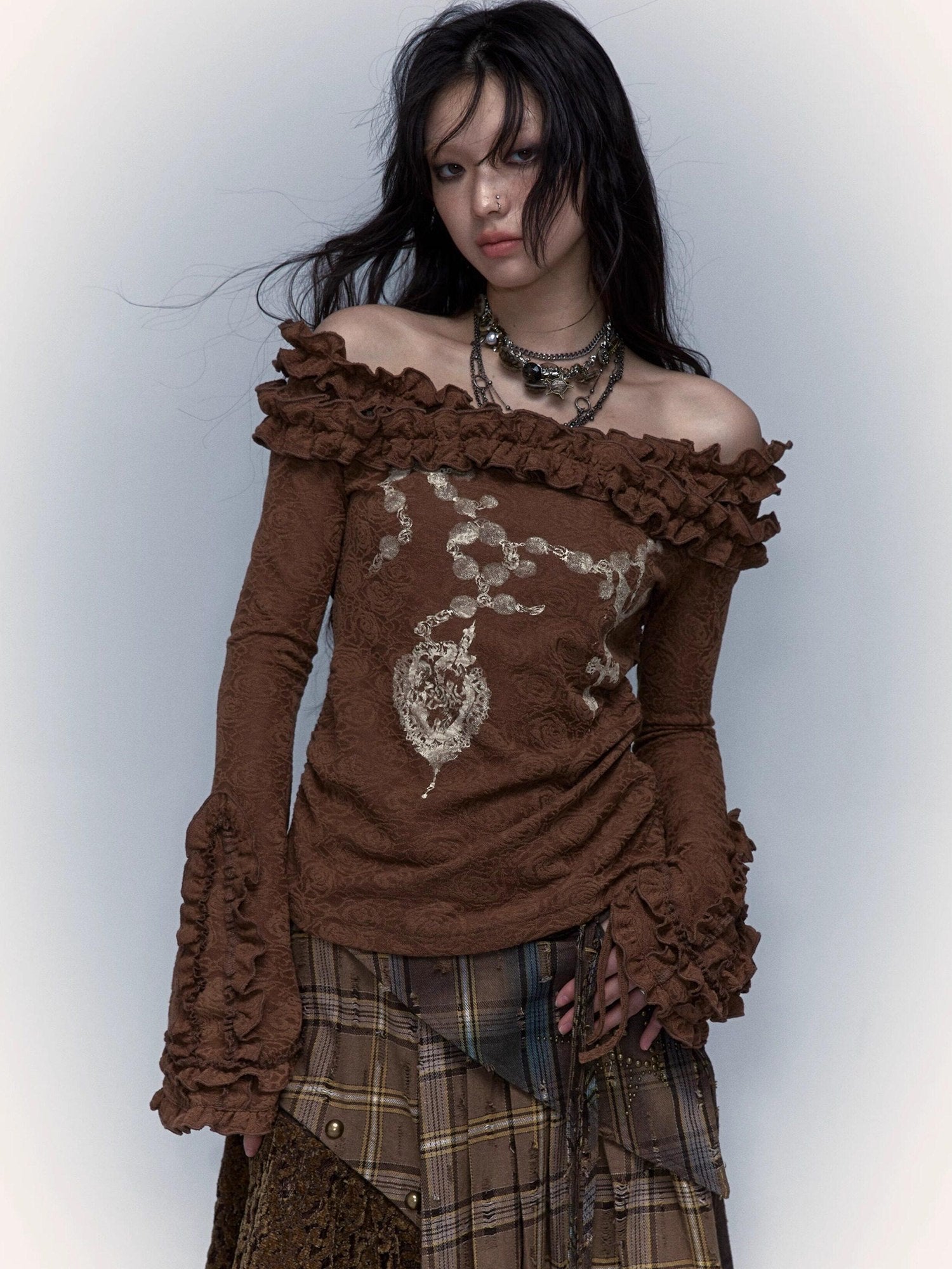 NO ROMANCE Skin Friendly Lace Trim Sweet Off Shoulder Regular Fit Long Sleeve T-Shirts