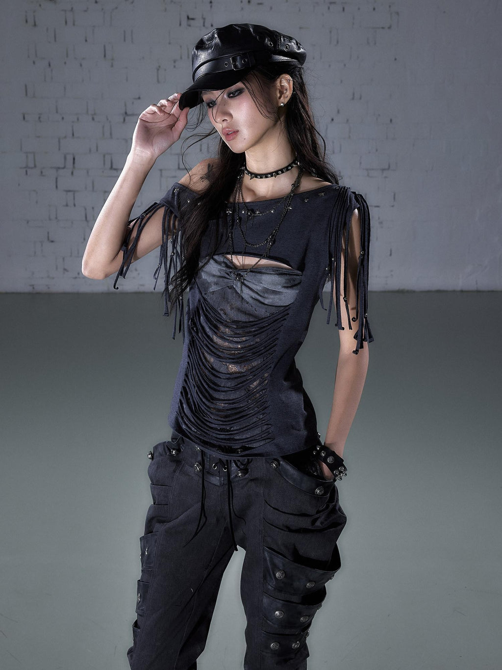 NO ROMANCE Slim Spliced Punk Cardigan Diagonal Neck Dark Gray Short Sleeve T-Shirts