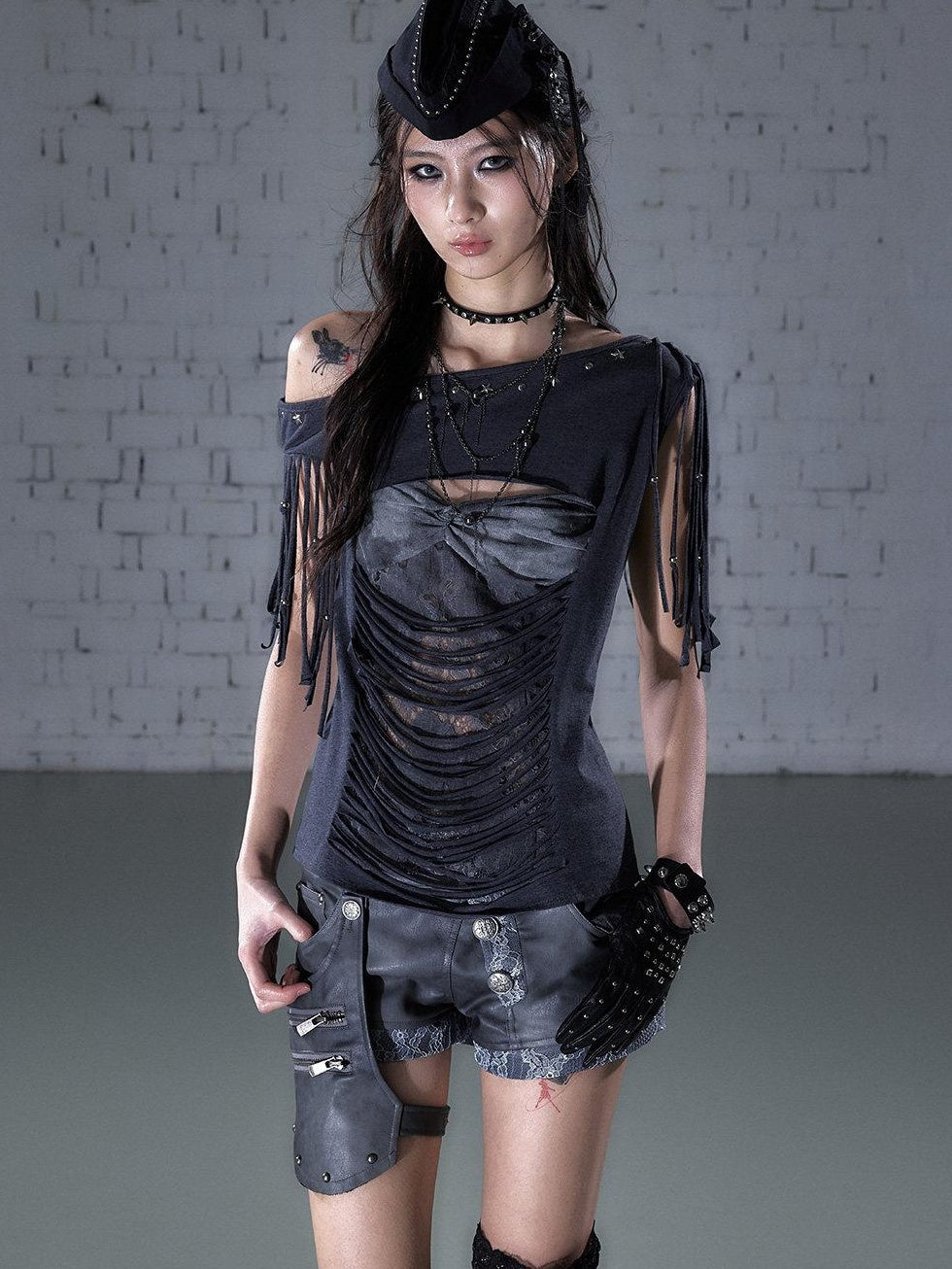 NO ROMANCE Slim Spliced Punk Cardigan Diagonal Neck Dark Gray Short Sleeve T-Shirts