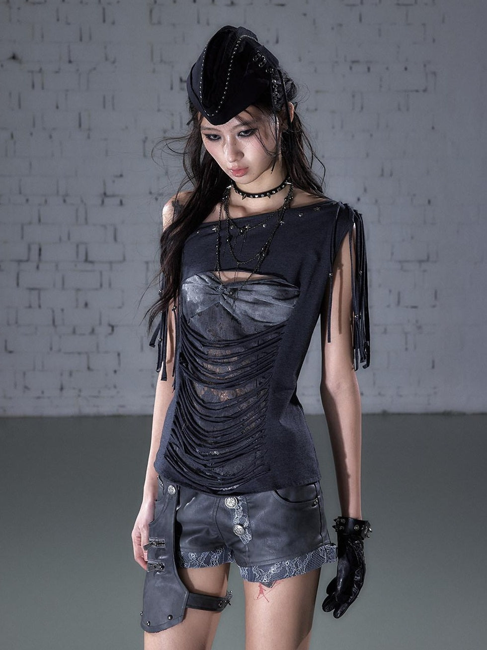 NO ROMANCE Slim Spliced Punk Cardigan Diagonal Neck Dark Gray Short Sleeve T-Shirts