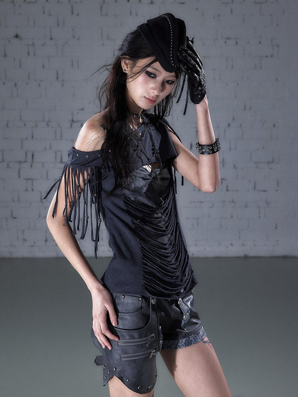 NO ROMANCE Slim Spliced Punk Cardigan Diagonal Neck Dark Gray Short Sleeve T-Shirts