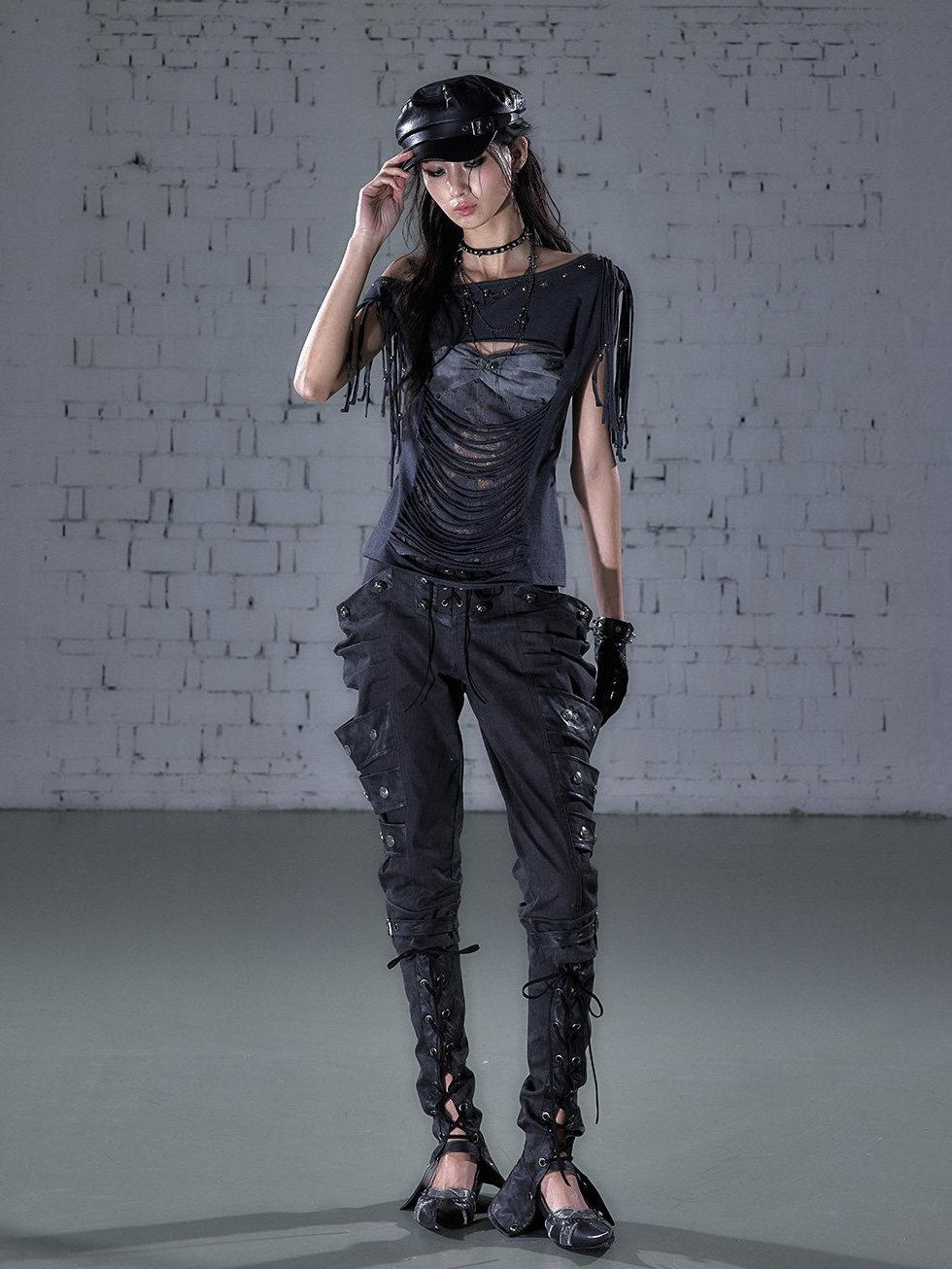NO ROMANCE Slim Spliced Punk Cardigan Diagonal Neck Dark Gray Short Sleeve T-Shirts