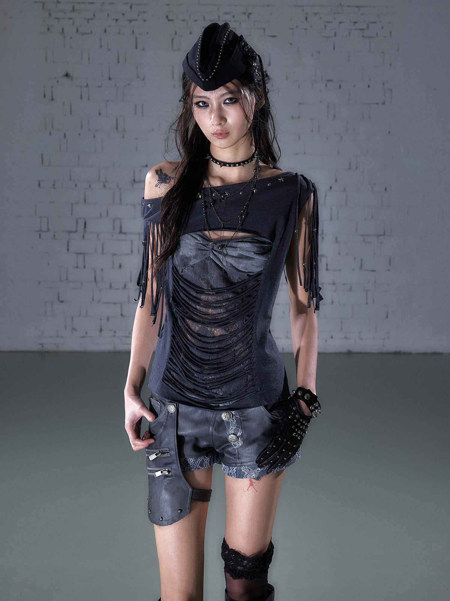 NO ROMANCE Slim Spliced Punk Cardigan Diagonal Neck Dark Gray Short Sleeve T-Shirts