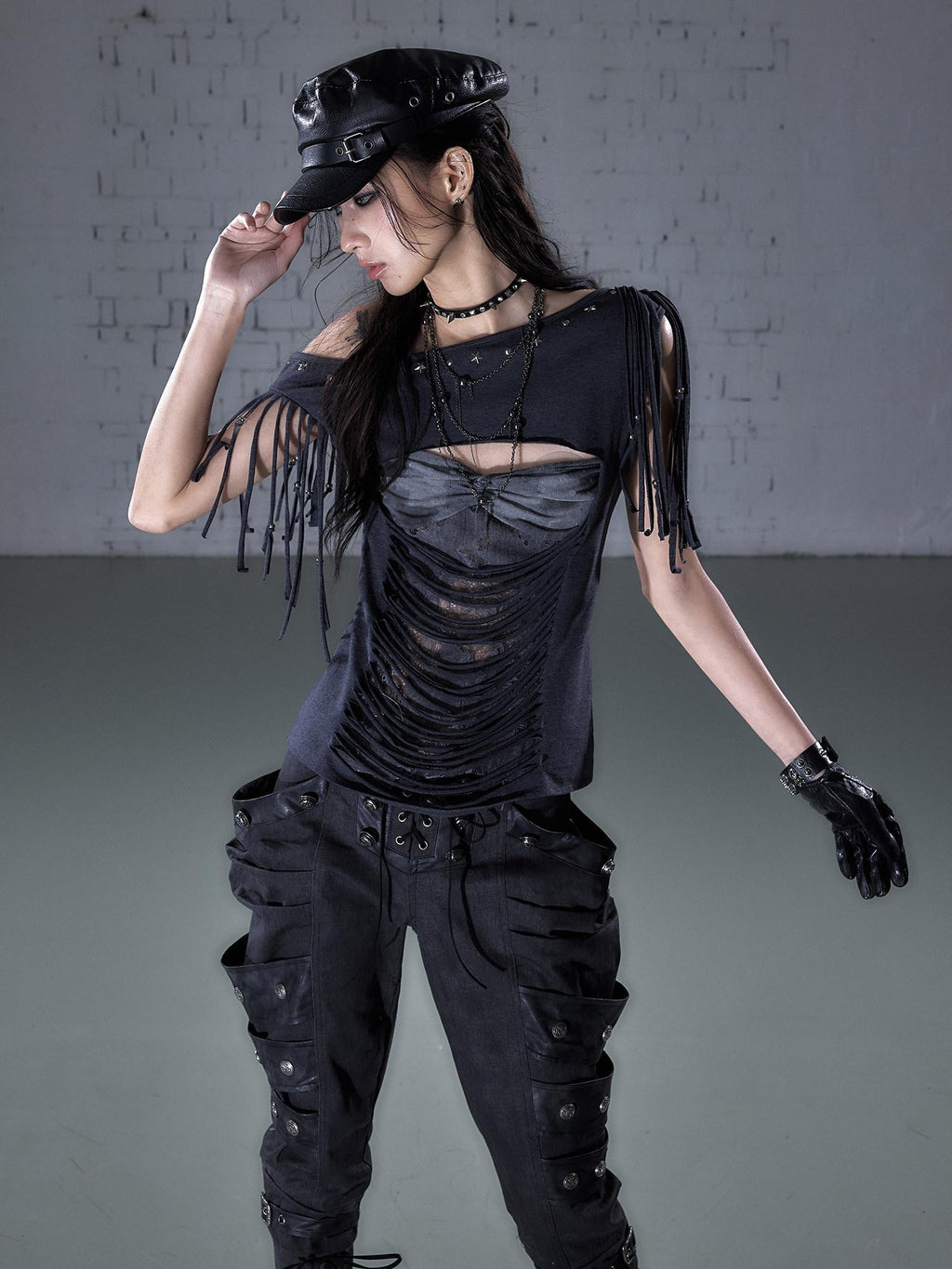 NO ROMANCE Slim Spliced Punk Cardigan Diagonal Neck Dark Gray Short Sleeve T-Shirts