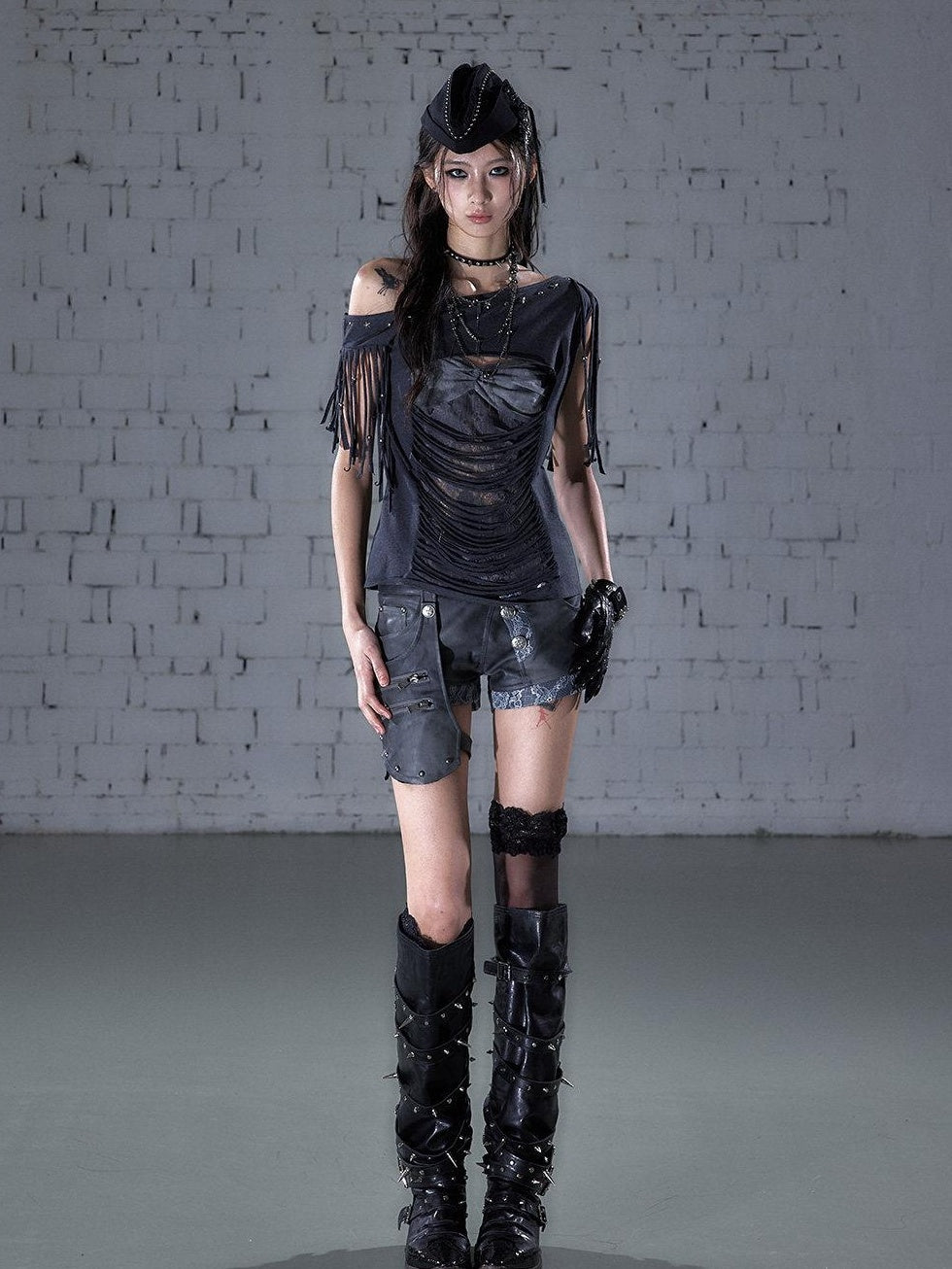NO ROMANCE Slim Spliced Punk Cardigan Diagonal Neck Dark Gray Short Sleeve T-Shirts