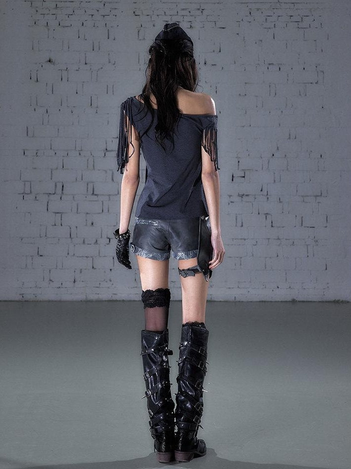 NO ROMANCE Slim Spliced Punk Cardigan Diagonal Neck Dark Gray Short Sleeve T-Shirts