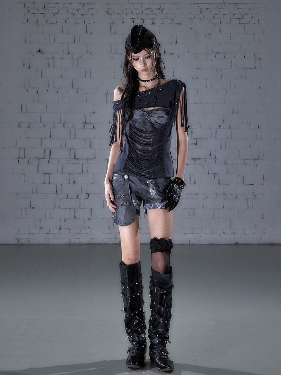 NO ROMANCE Slim Spliced Punk Cardigan Diagonal Neck Dark Gray Short Sleeve T-Shirts