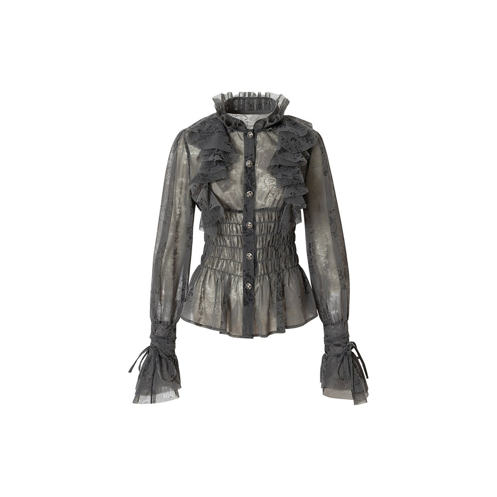 NO_ROMANCE_Slimming_Flocked_Victorian_Ruffle_Gathered_Fitted_Stand_Collar_Women_Blouses_MISSTT