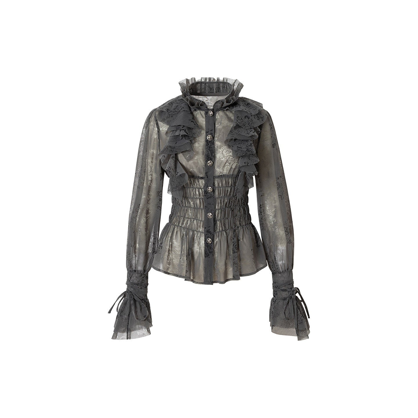 NO_ROMANCE_Slimming_Flocked_Victorian_Ruffle_Gathered_Fitted_Stand_Collar_Women_Blouses_MISSTT