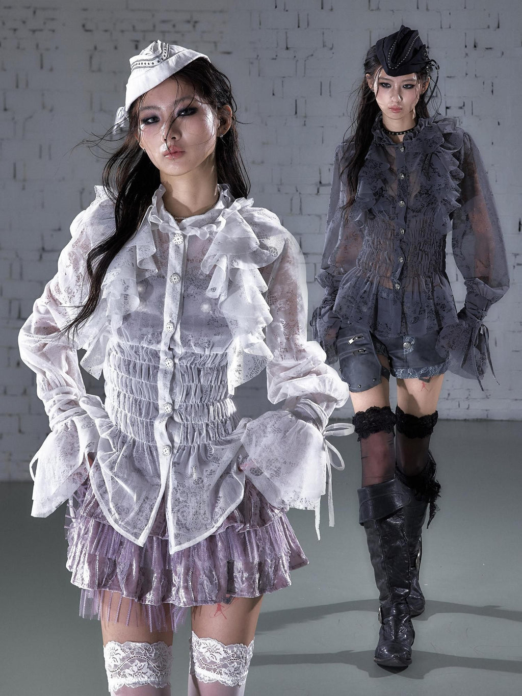 NO ROMANCE Slimming Flocked Victorian Ruffle Gathered Fitted Stand Collar Women Blouses