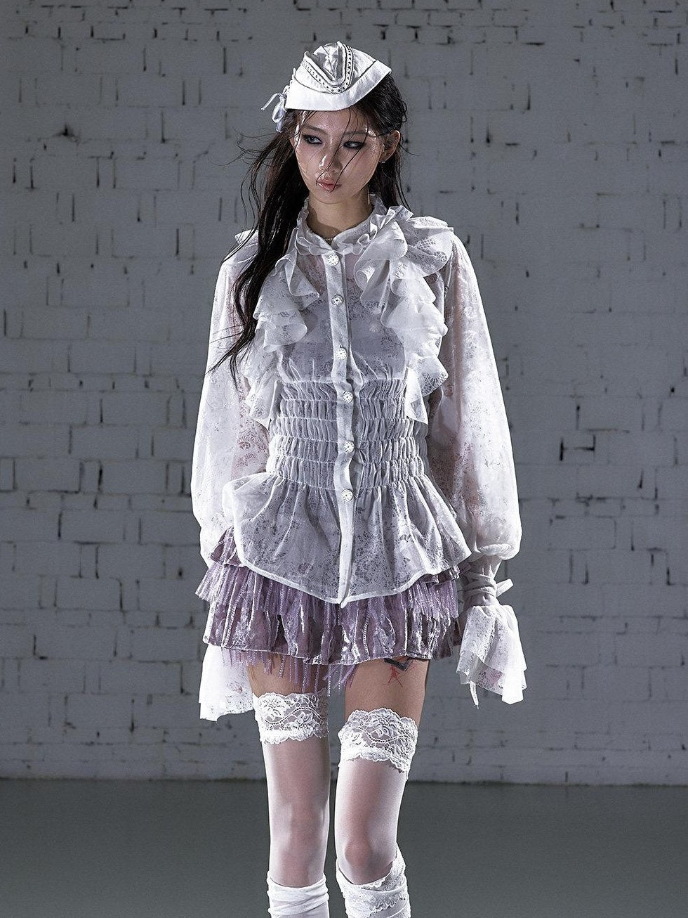 NO ROMANCE Slimming Flocked Victorian Ruffle Gathered Fitted Stand Collar Women Blouses