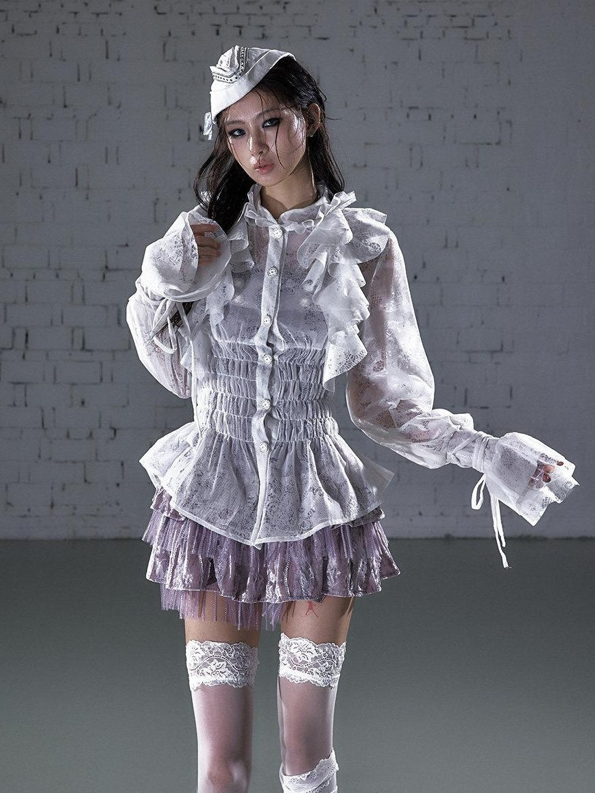 NO ROMANCE Slimming Flocked Victorian Ruffle Gathered Fitted Stand Collar Women Blouses