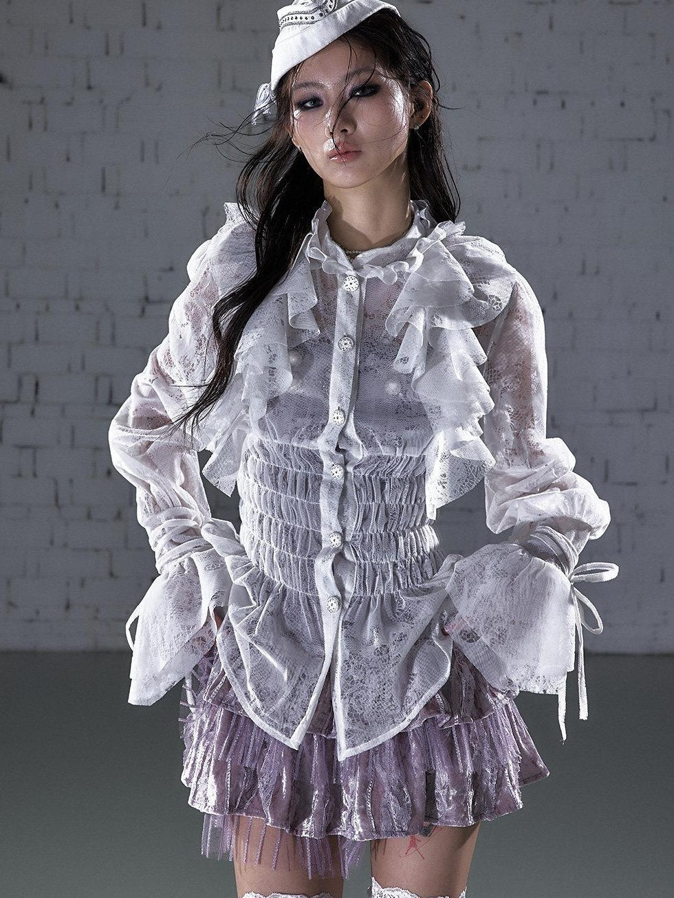 NO ROMANCE Slimming Flocked Victorian Ruffle Gathered Fitted Stand Collar Women Blouses