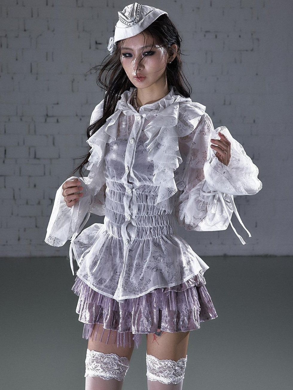 NO ROMANCE Slimming Flocked Victorian Ruffle Gathered Fitted Stand Collar Women Blouses